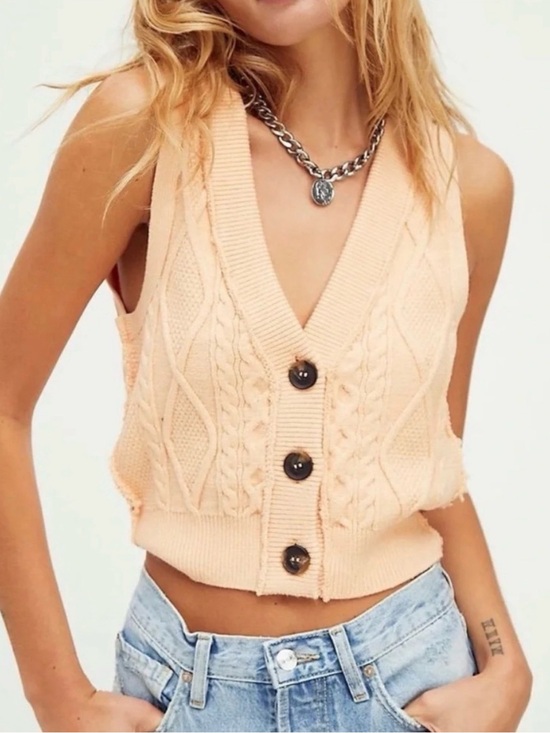 Free People Tops - Free People Peach Cable-Knit Button Front Vest